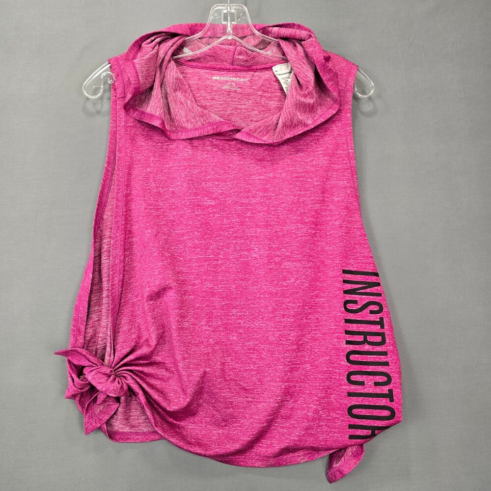 Beach Body Pink Shirt Stretch Sleeveless Tie Slit Sides Hooded Sporty Women's M